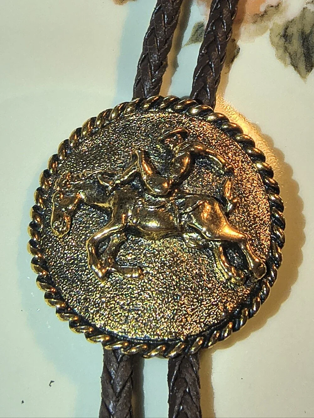 Vtg Gold Tone Metal Bolo Tie Bronco Busting Cowboy Rodeo Equestrian Rare